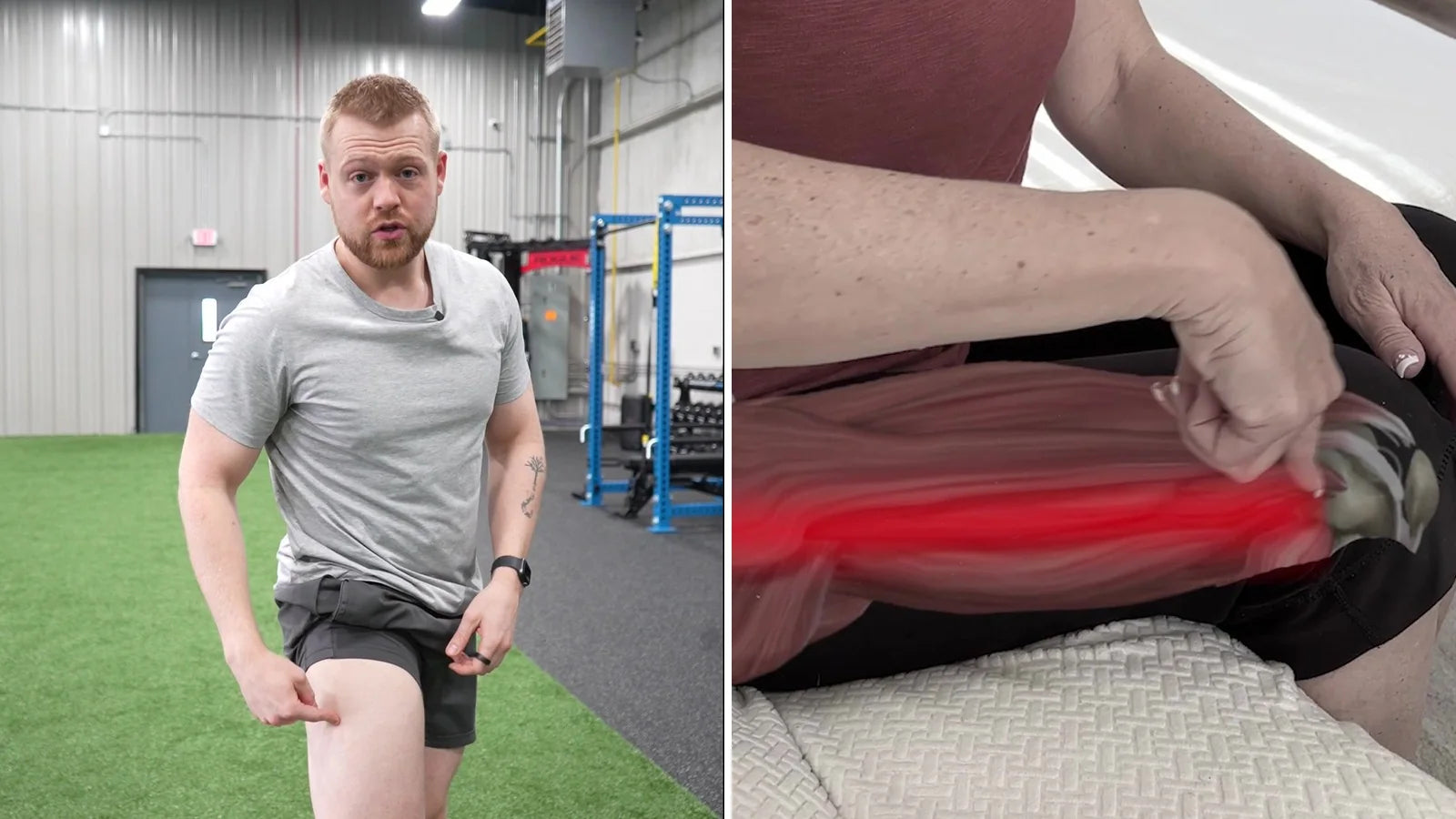Left: Dr. Kyle Richmond pointing to the outside of his thigh. Right: the IT band highlighted in red from hip to knee