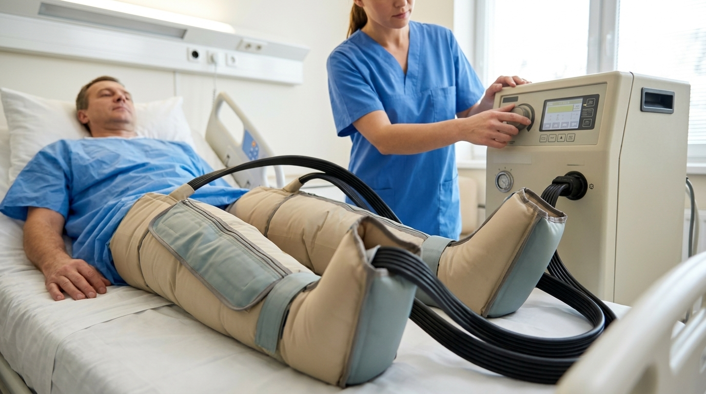 Hospital-grade sequential compression machine in use bedside on a post-surgical patient