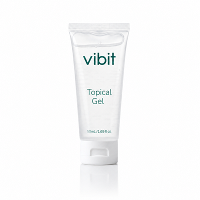 A 50ml squeeze tube of vibit Topical Gel, featuring a white body with dark teal text, centered on a clean white background with a subtle reflection below.