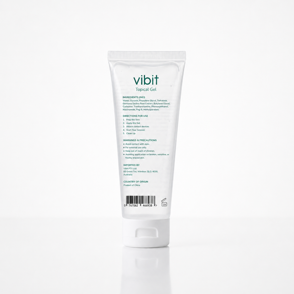 A white squeeze tube of Vibit Topical Gel, showing the back label with text and a barcode, set against a clean white background with a soft reflection.