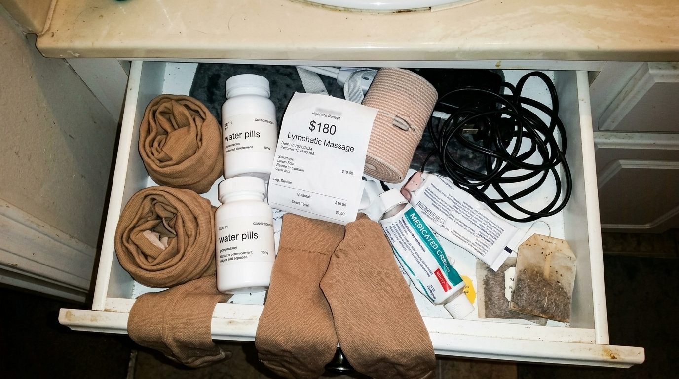 Drawer full of failed remedies — compression socks, water pill bottles, lymphatic massage receipts