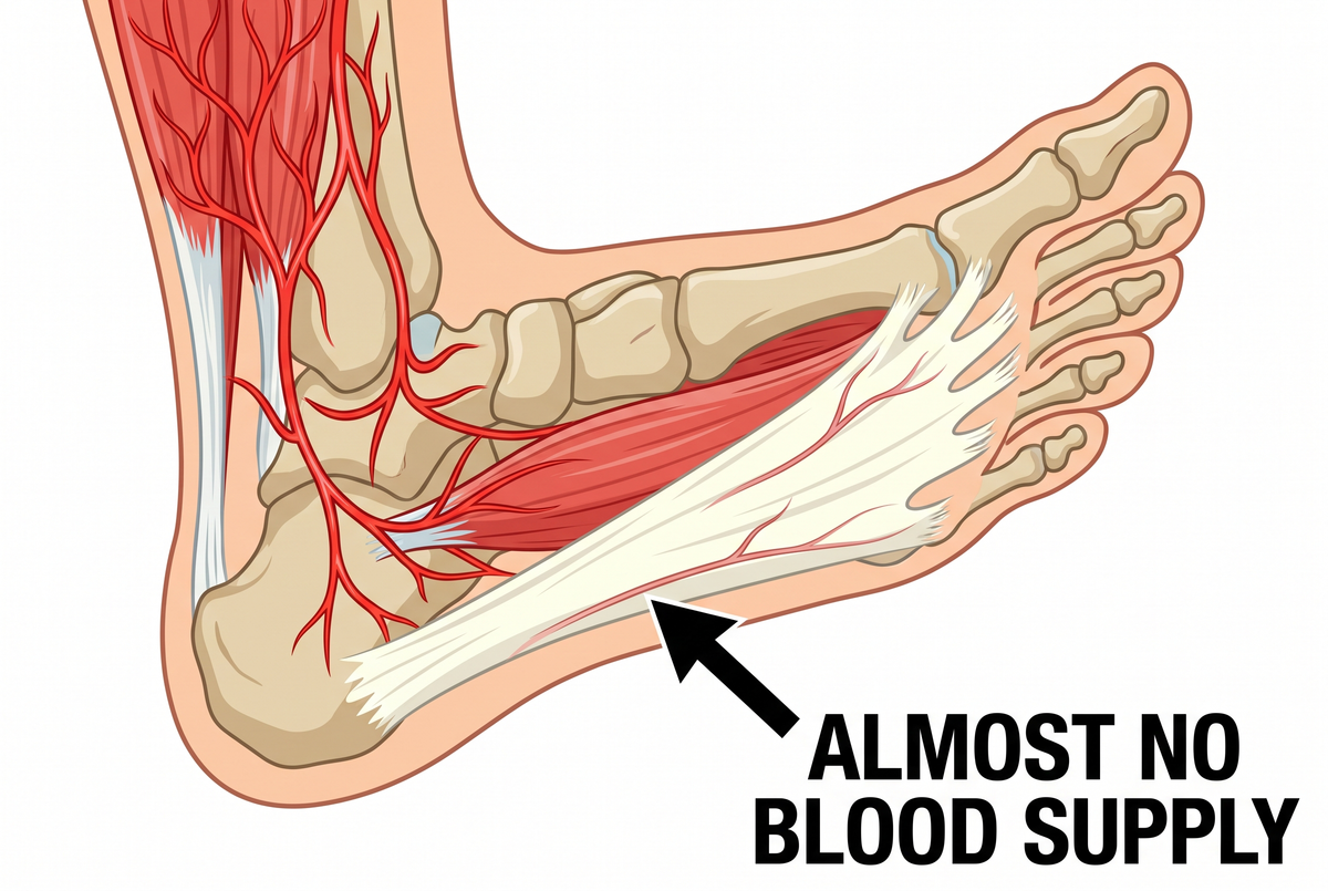 Foot cutaway showing the plantar fascia has almost no blood supply