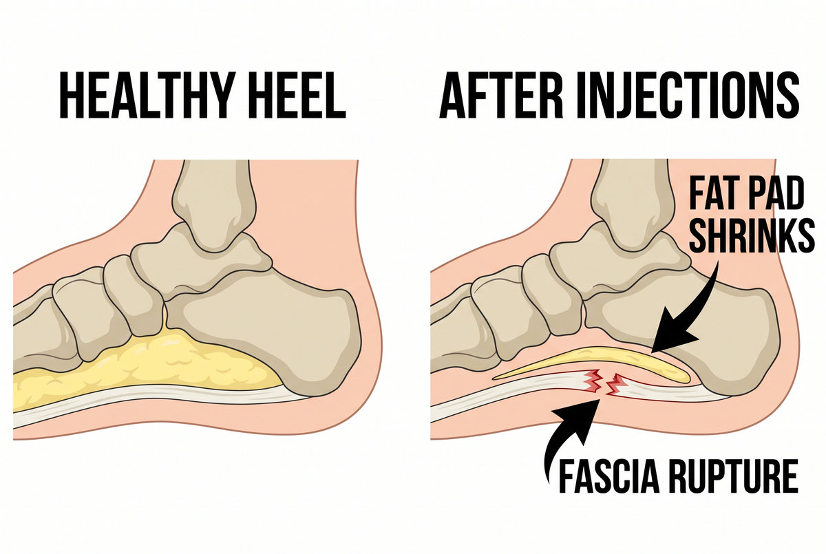 Heel cross-section: healthy heel vs after cortisone injections