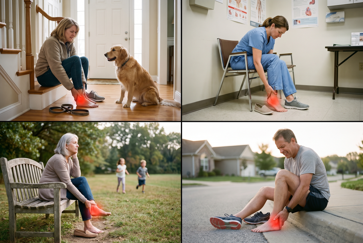 Four everyday moments plantar fasciitis takes away: the dog walk, a full shift at work, keeping up with grandchildren, and a morning run