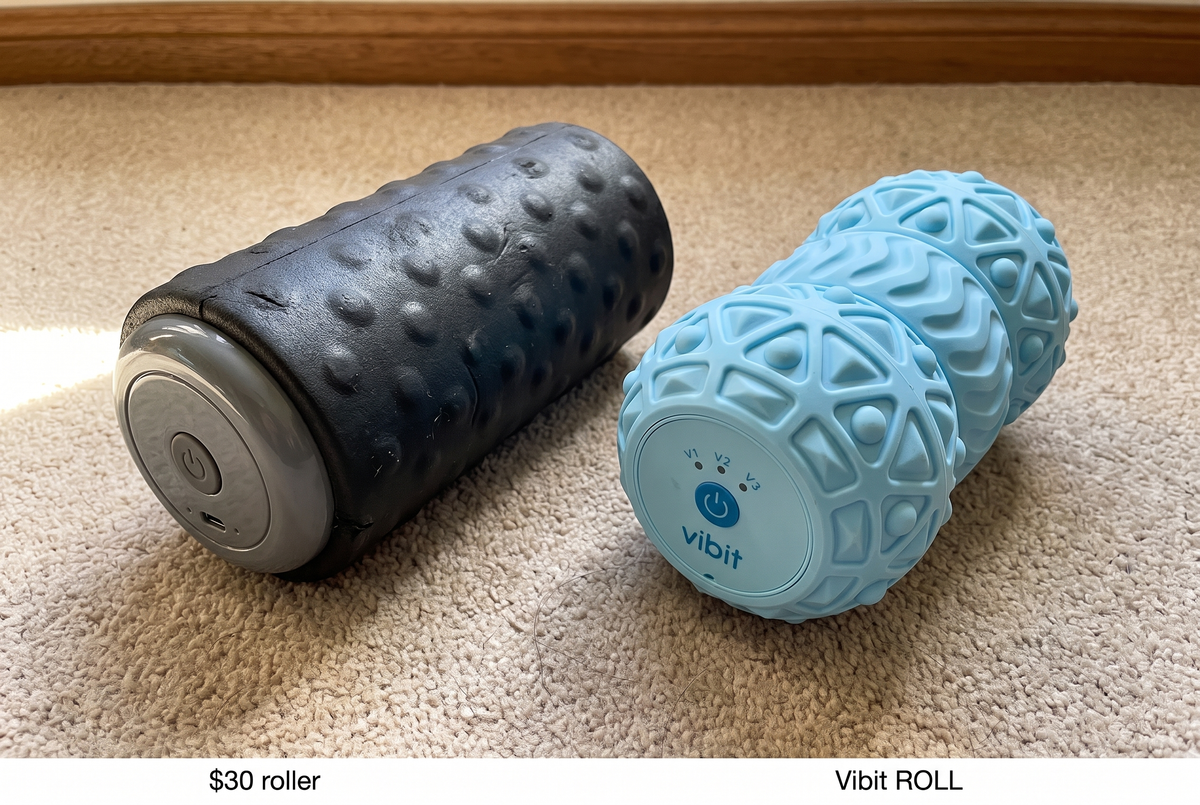 A cheap $30 vibrating foam roller next to the Vibit ROLL on a living room carpet