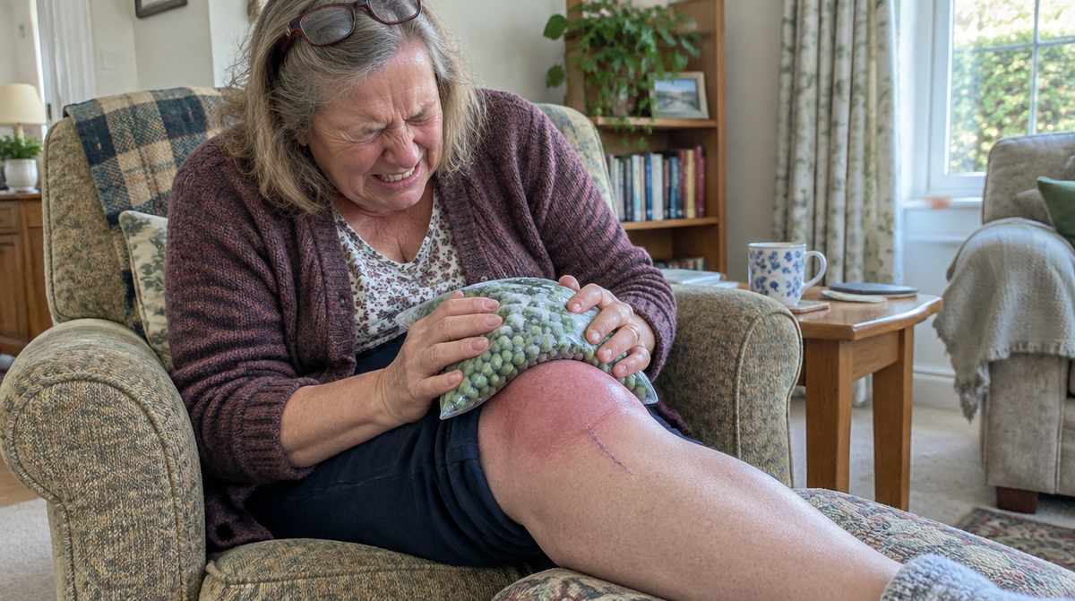 An older woman wincing in pain in her armchair, pressing a bag of frozen peas onto her swollen post-op knee