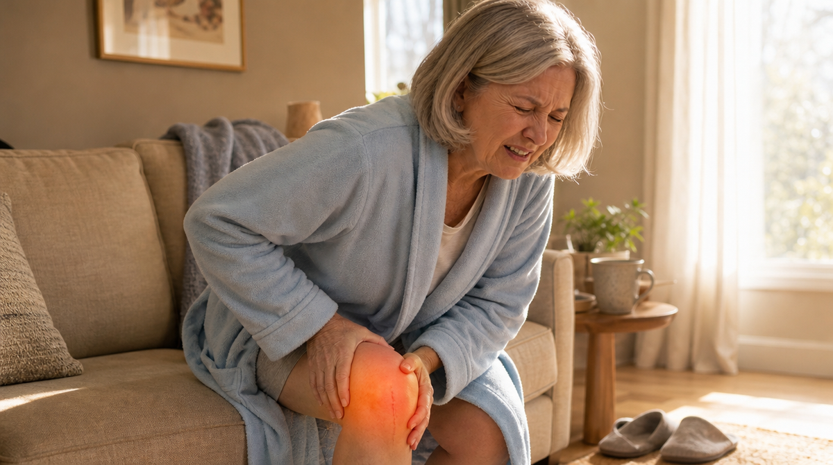 An older woman in a bathrobe wincing as she tries to stand up from her couch, both hands pressed on her post-op knee