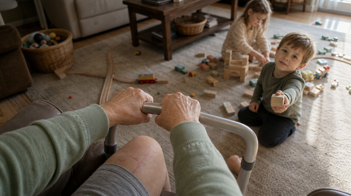 Seen from her armchair — her hands on a walker while her grandson holds out a toy block from the living-room floor