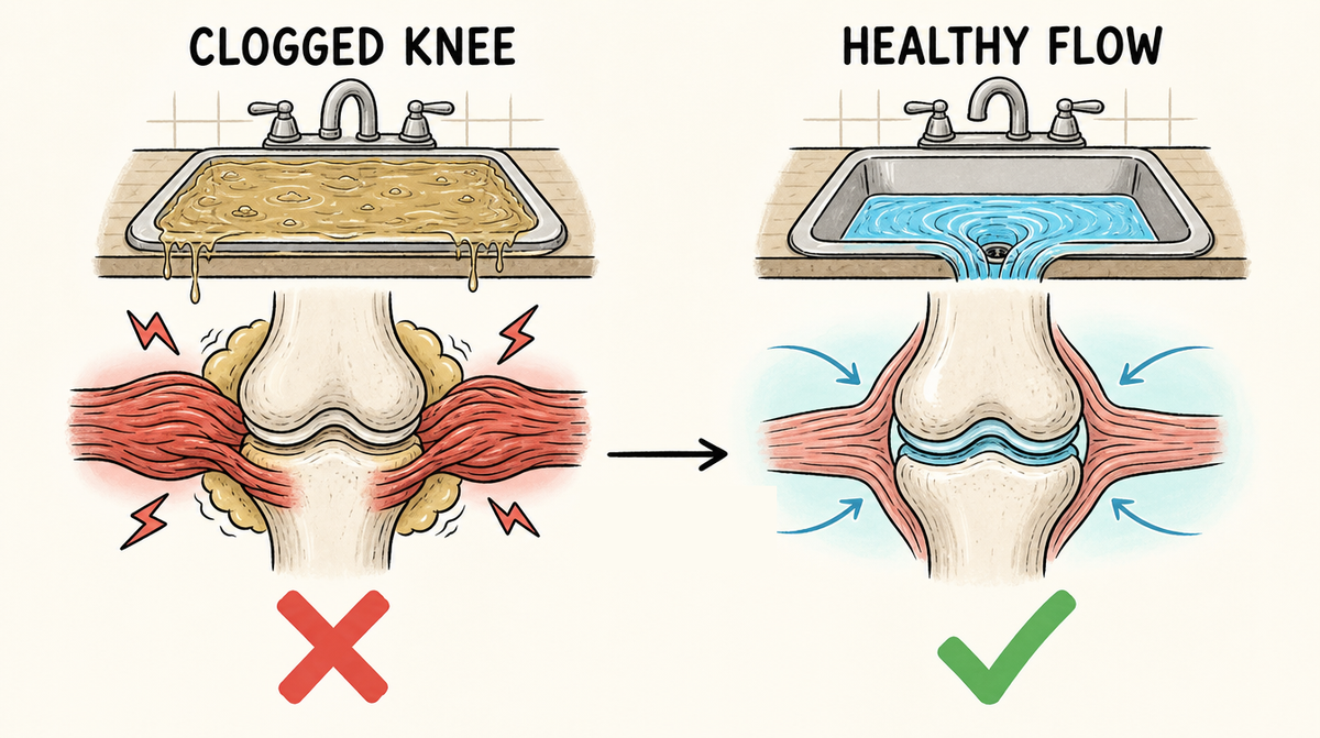 Cartoon — a clogged sink above a swollen knee clamped by tight red muscles, next to a draining sink above a calm knee with healthy flow