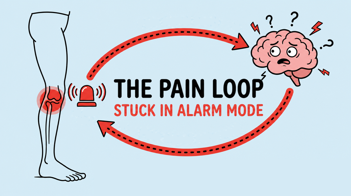 Cartoon of the pain loop — a red knee alarm bell sends pain signals to a confused brain and back