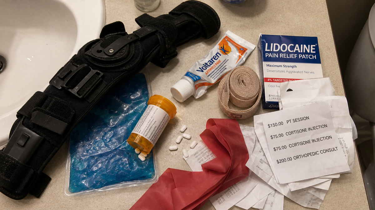 A bathroom counter piled with a knee brace, ice pack, pills, creams, lidocaine patches and receipts