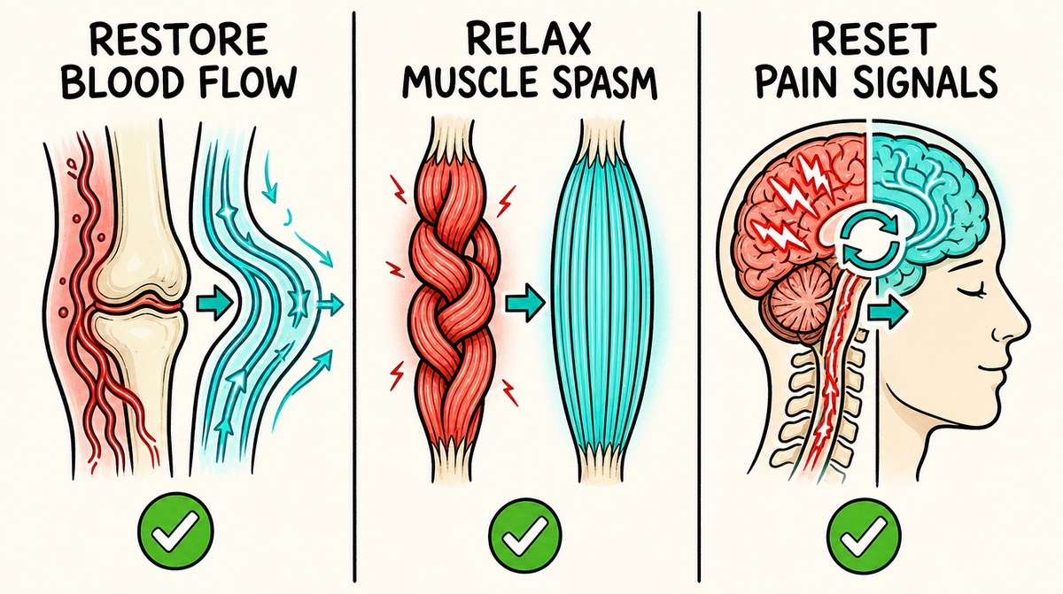 Three-panel cartoon — restore blood flow, relax muscle spasm, reset pain signals