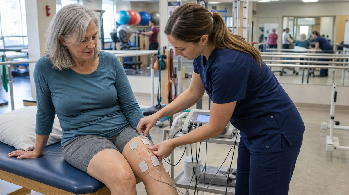 A physical therapist placing four wired TENS pads above and below an older woman's knee in a PT clinic