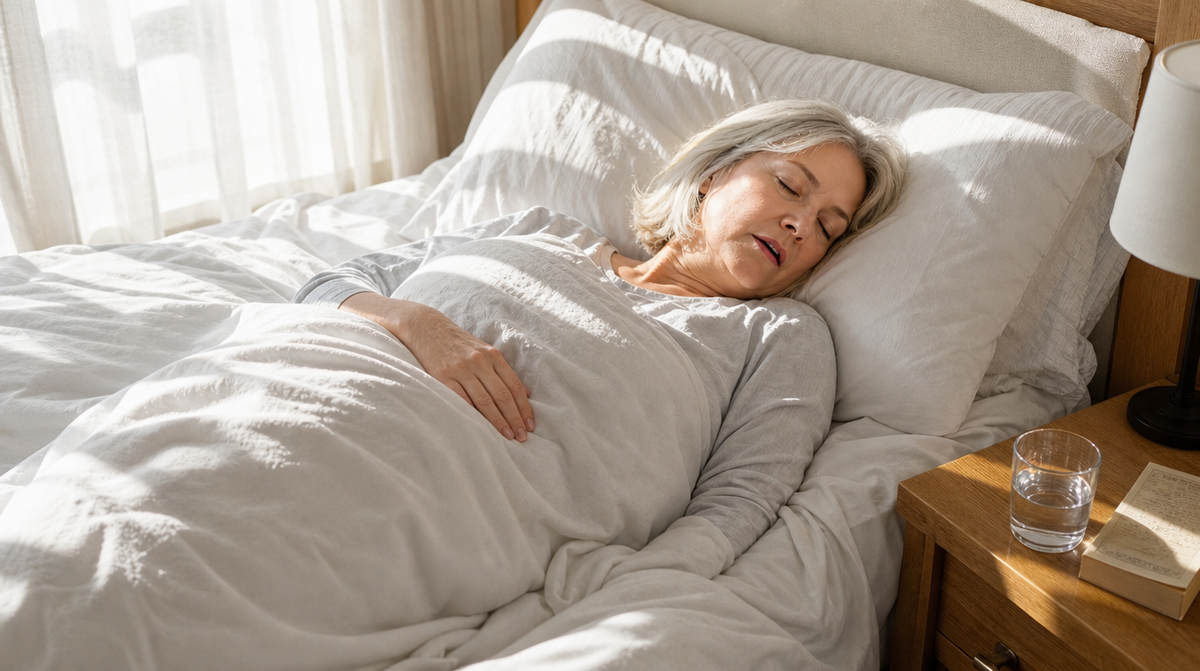A woman in her 60s sleeping peacefully in bright morning light, a pillow under her knee