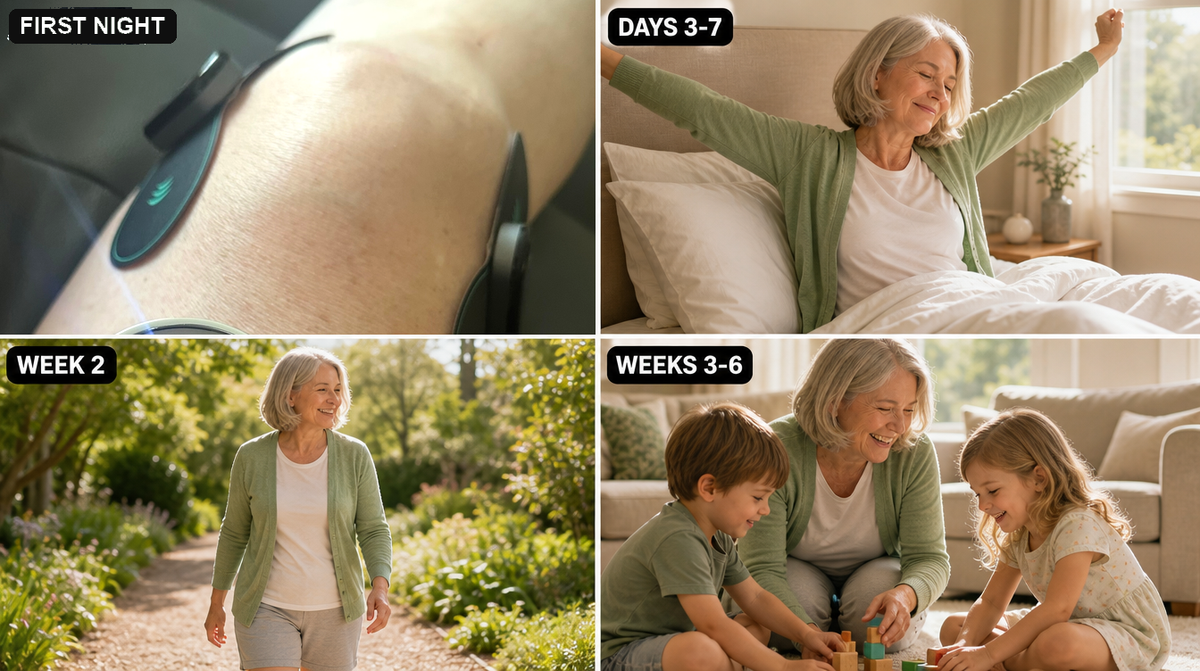 Four-photo recovery journey — first night with Vibit PULSE on, days 3–7 waking rested, week 2 walking outside, weeks 3–6 on the floor with the grandkids