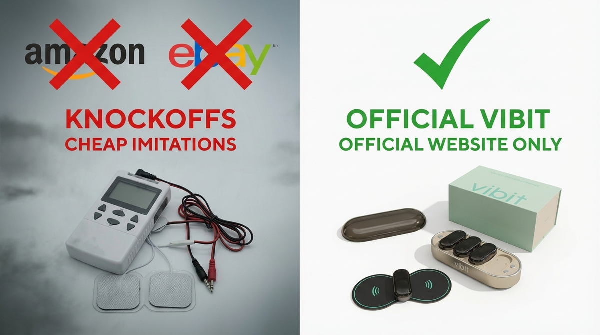 Amazon and eBay knockoff TENS units crossed out next to the official Vibit PULSE