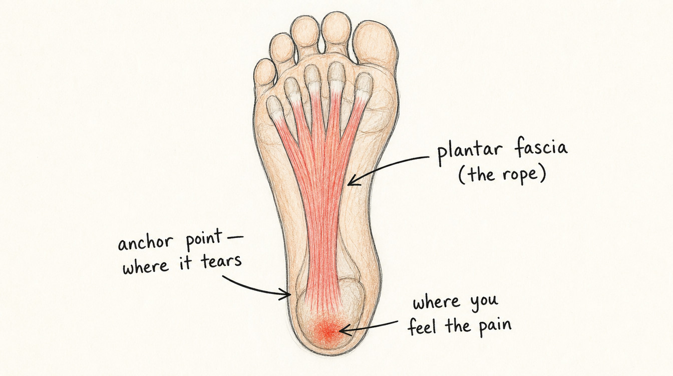 Hand-drawn diagram of the plantar fascia — labeled 'the rope', anchor point where it tears, and where you feel the pain