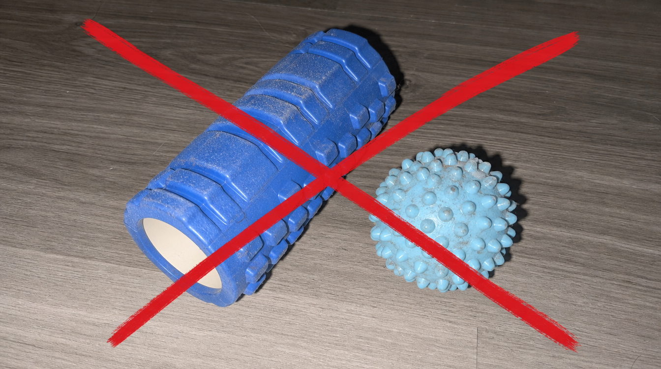 A dusty cheap foam roller and a basic spiky massage ball with a red X — the gadgets that don't actually work