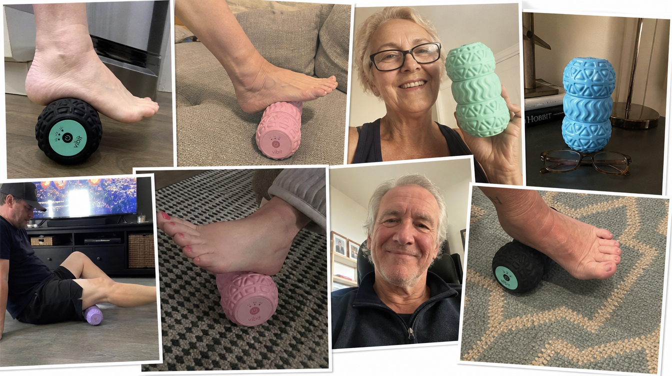 A grid of real customer photos using the Vibit Roll at home — bare feet on the device in many homes and many colors