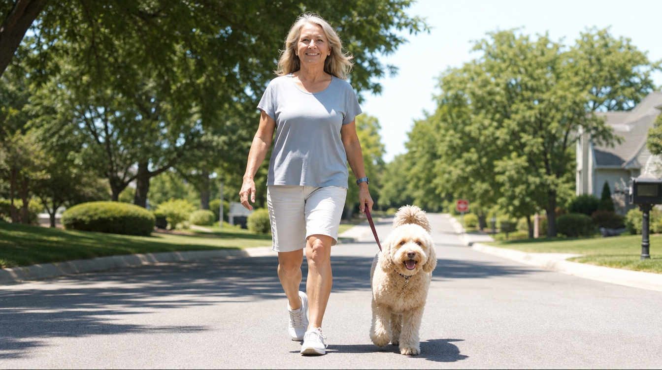 An older woman walking her golden retriever down a sunlit suburban street, relaxed and smiling — life reclaimed